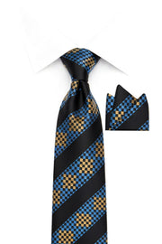 BLACK BLUE STRIPE 2 PC TIE & HANKIE SET