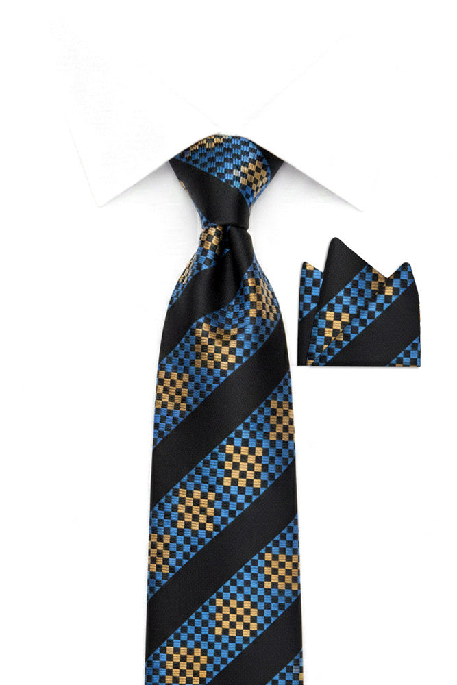 BLACK BLUE STRIPE 2 PC TIE & HANKIE SET