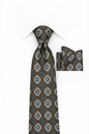 BROWN GEO STRIPE 2 PC TIE & HANKIE SET