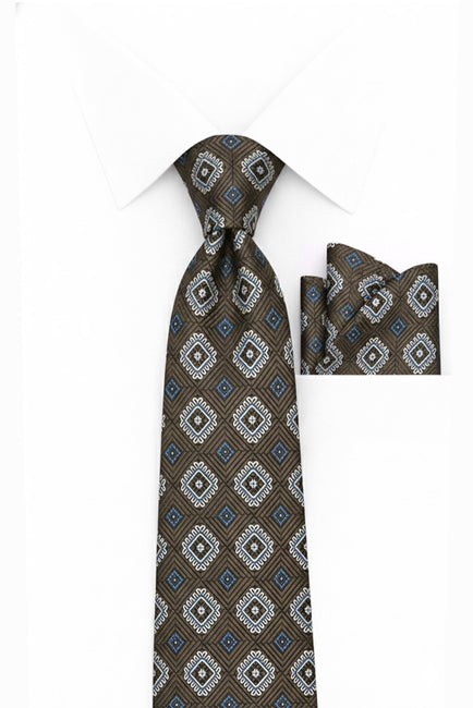 BROWN GEO STRIPE 2 PC TIE & HANKIE SET