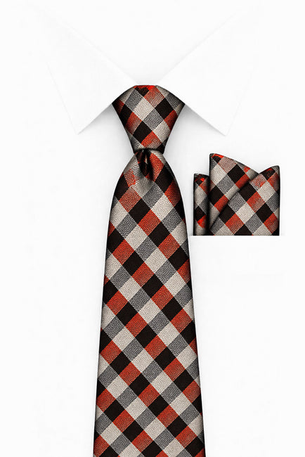 ORANGE BLACK PLAID 2 PC TIE & HANKIE SET