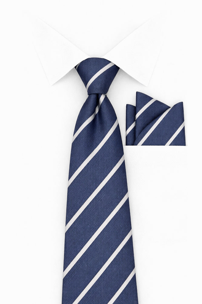 NAVY STRIPE 2 PC TIE & HANKIE SET