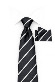 BLACK WHITE STRIPE 2 PC TIE & HANKIE SET