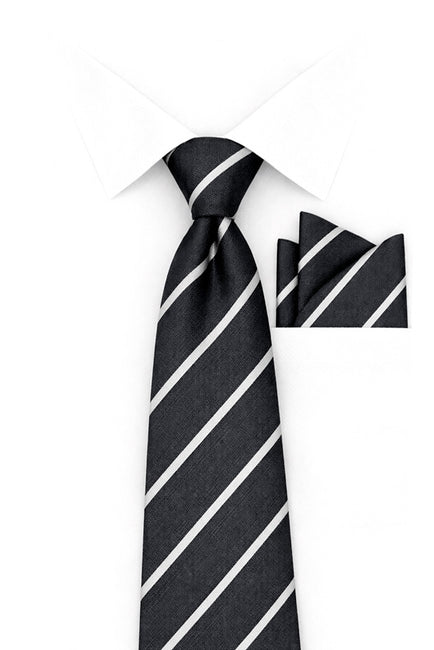 BLACK WHITE STRIPE 2 PC TIE & HANKIE SET