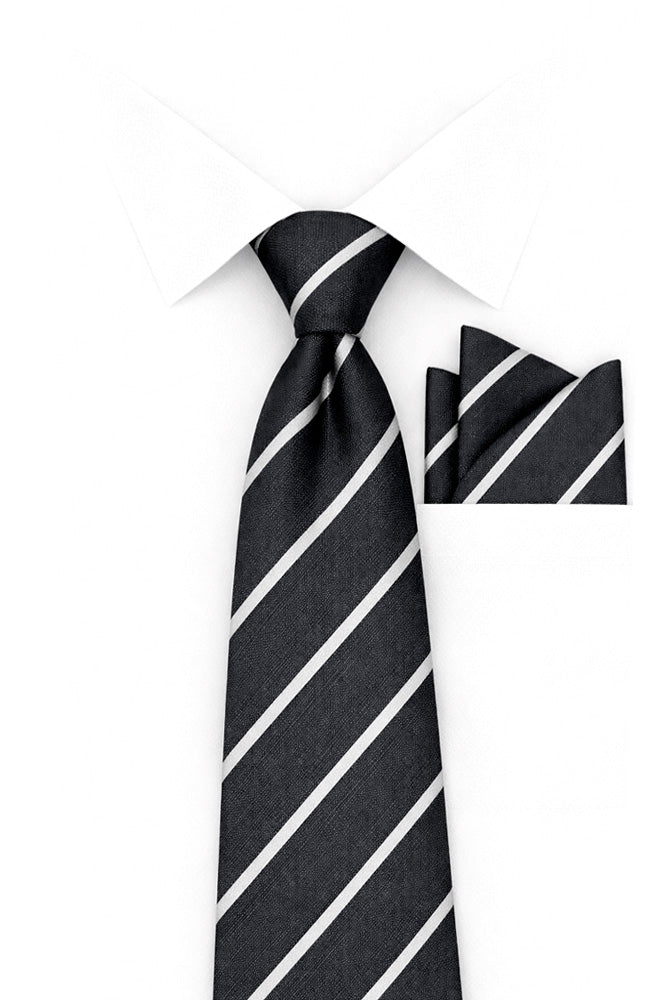 BLACK WHITE STRIPE 2 PC TIE & HANKIE SET