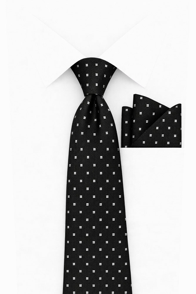 BLACK DOT 2 PC TIE & HANKIE SET