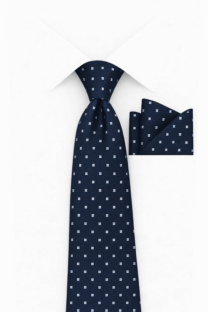 NAVY DOT 2 PC TIE & HANKIE SET