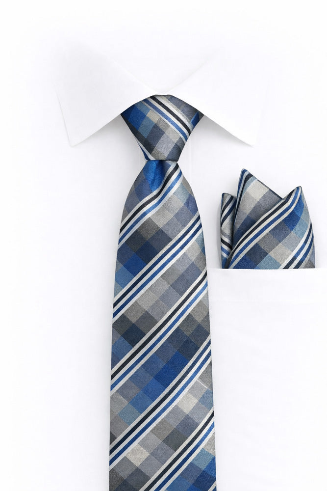 BLUE PLAID 2 PC TIE & HANKIE SET