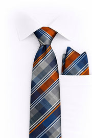 BLUE ORANGE PLAID 2 PC TIE & HANKIE SET
