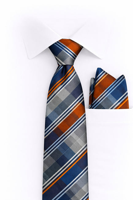BLUE ORANGE PLAID 2 PC TIE & HANKIE SET
