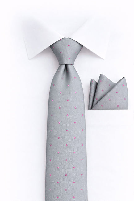 GRAY PINK DOT 2 PC TIE & HANKIE SET