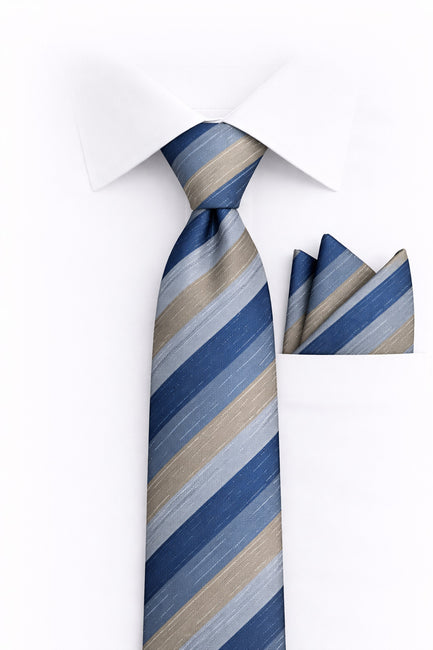 NAVY STRIPE 2 PC TIE & HANKIE SET