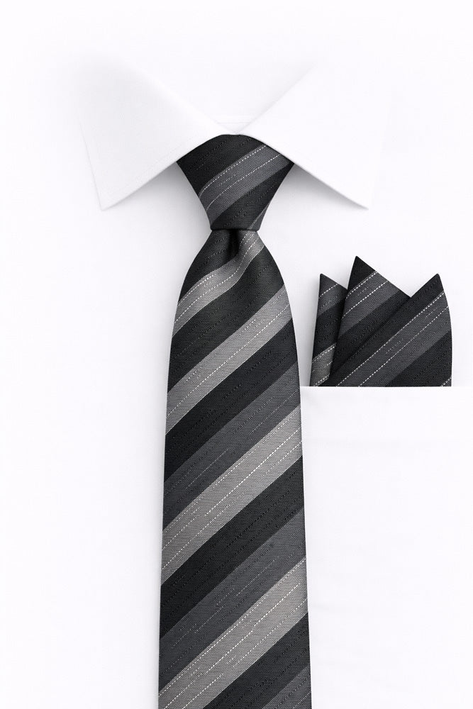 BLACK STRIPE 2 PC TIE & HANKIE SET