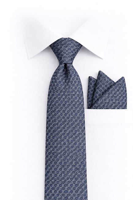 NAVY GEO  2 PC TIE & HANKIE SET