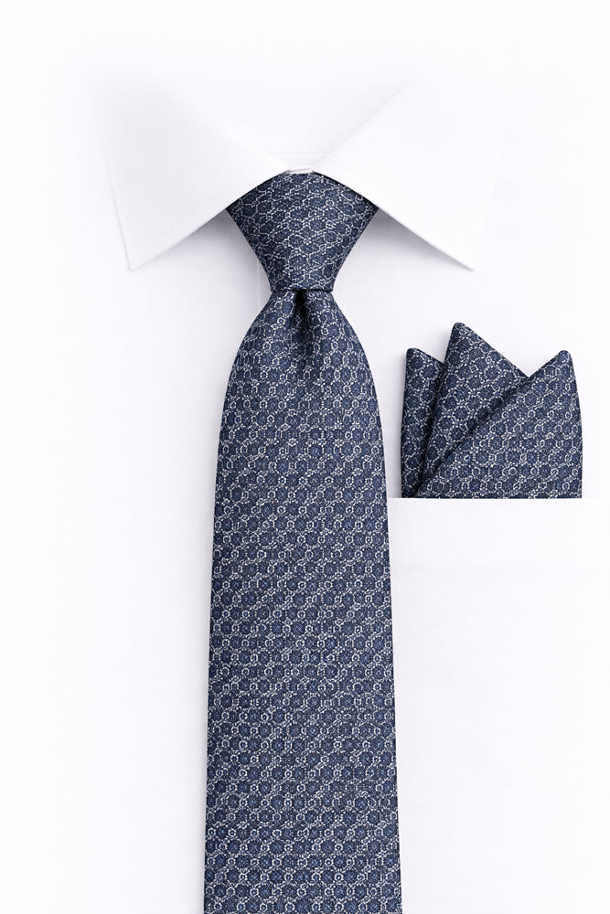 NAVY GEO  2 PC TIE & HANKIE SET