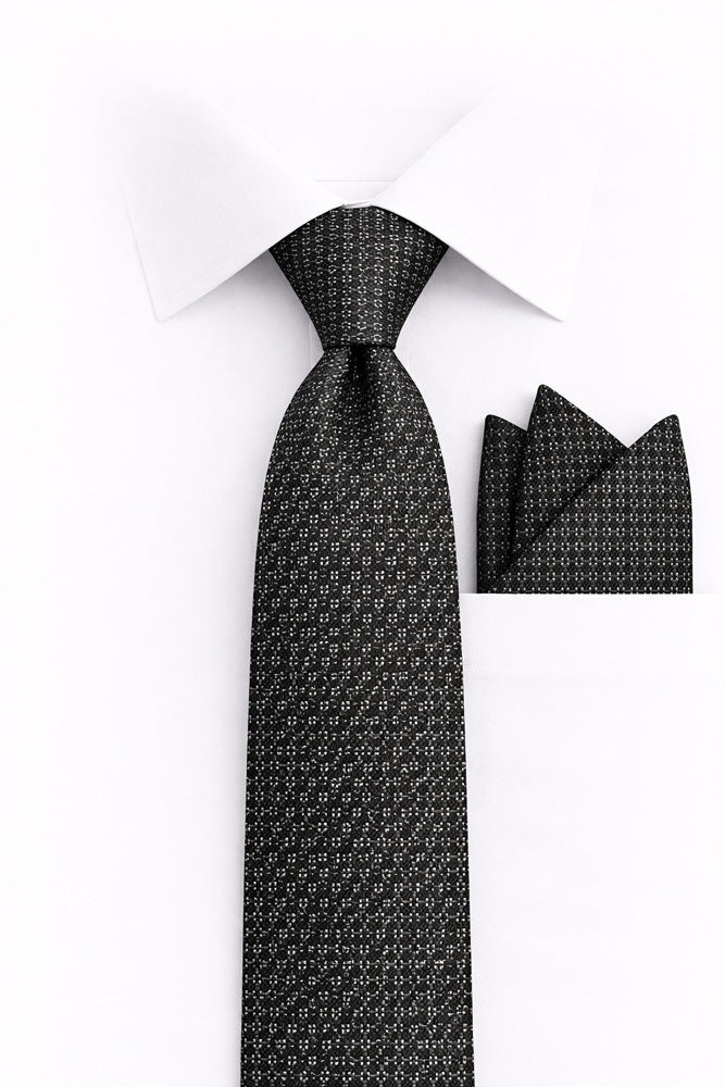 BLACK GEO  2 PC TIE & HANKIE SET