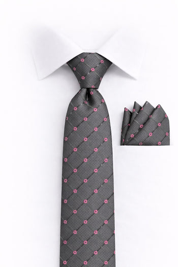 GRAY PINK FLORAL 2 PC TIE & HANKIE SET