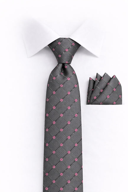 GRAY PINK FLORAL 2 PC TIE & HANKIE SET