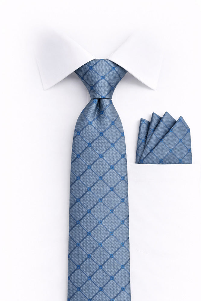 BLUE GEO 2 PC TIE & HANKIE SET