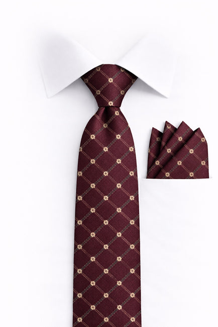 BURGUNDY GEO FLORAL 2 PC TIE & HANKIE SET