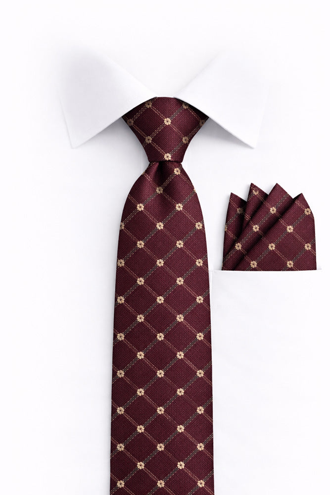 BURGUNDY GEO FLORAL 2 PC TIE & HANKIE SET
