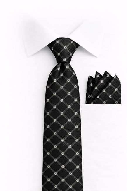 BLACK GEO FLORAL 2 PC TIE & HANKIE SET