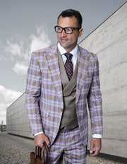 TERRY 3 PC TAUPE PLAID MODERN FIT SUIT