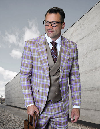 TERRY 3 PC TAUPE PLAID MODERN FIT SUIT
