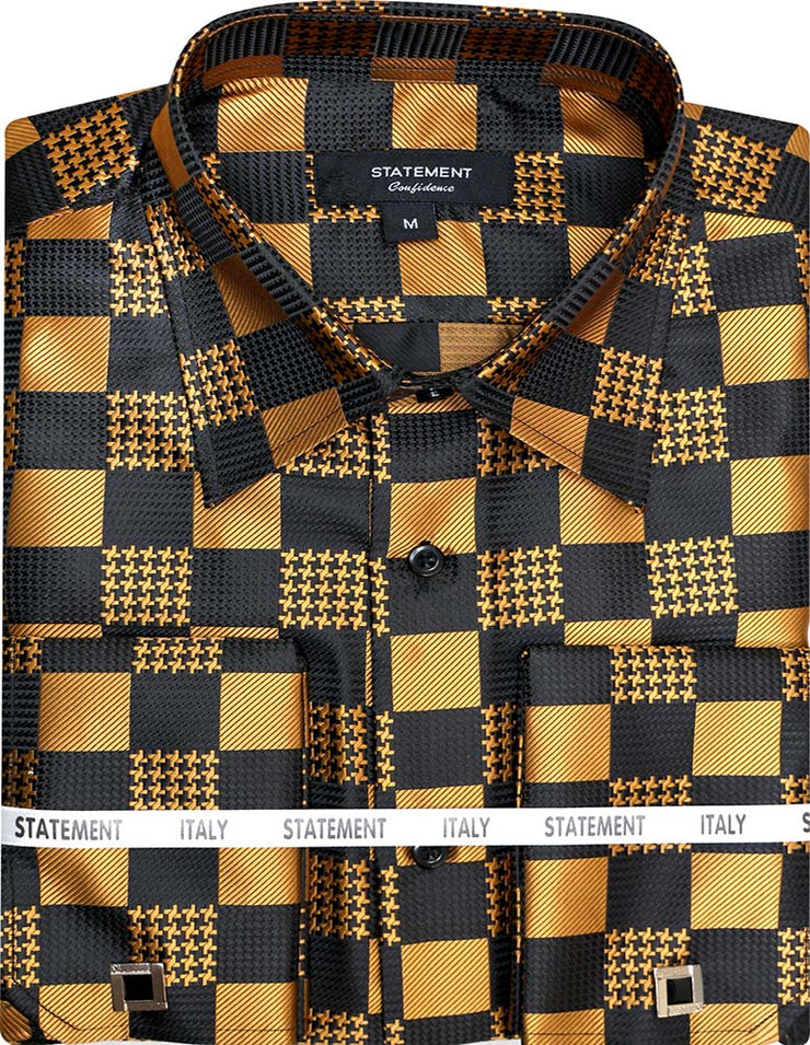 FANCY WOVEN CAMEL CHECKERED DRESS SHIRT