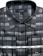 FANCY WOVEN CHARCOAL PLAID DRESS SHIRT