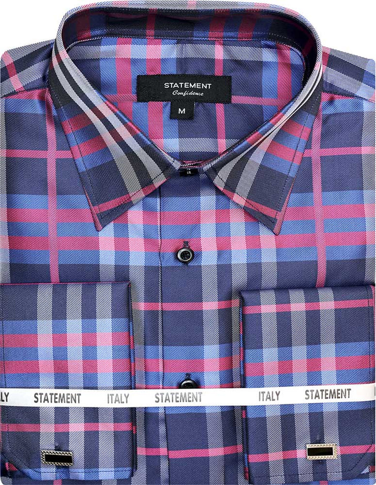 FANCY WOVEN INDIGO PLAID DRESS SHIRT