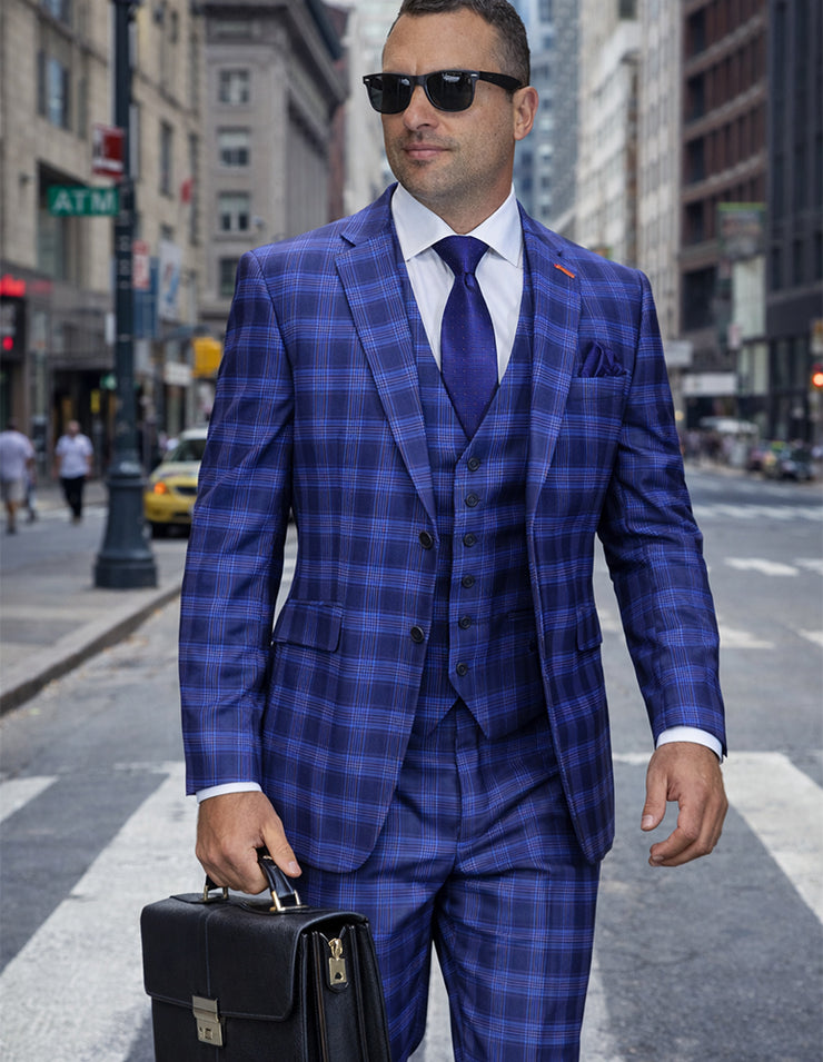 ZILO 3 PC INDIGO PLAID MODERN FIT SUIT