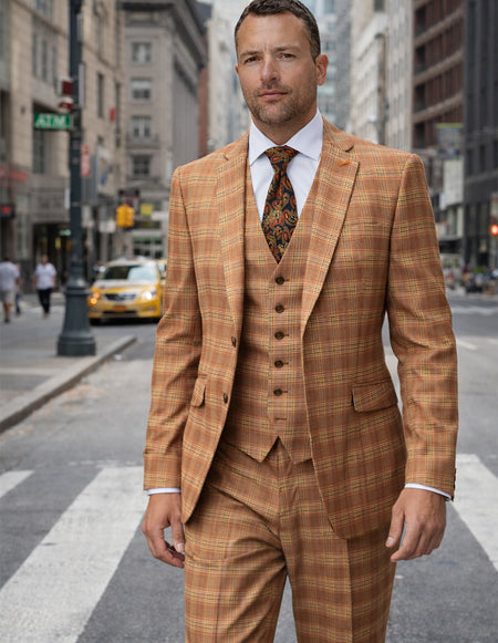 ZILO 3 PC RUST PLAID MODERN FIT SUIT