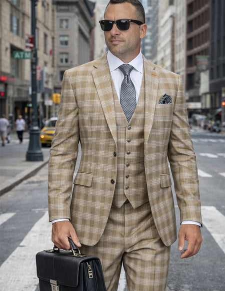 ZILO 3 PC TAN PLAID MODERN FIT SUIT
