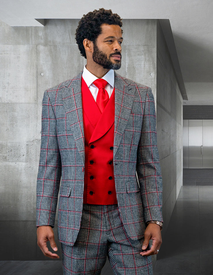 BENSON RED 3 PC TAILORED FIT PLAID SUIT