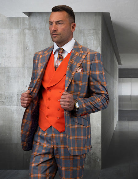 KINSLEY ORANGE PLAID MODERN FIT 3 PC SUIT