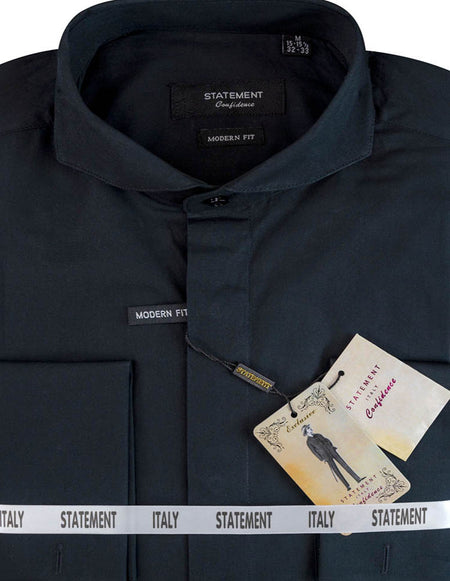 MODERN FIT BLACK DRESS SHIRT WITH SPREAD COLLAR & FRENCH CUFF