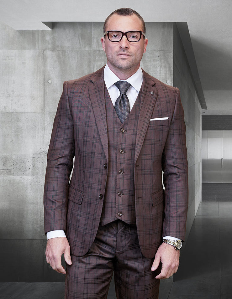 STEARNS BROWN PLAID BIG & TALL 3 PC SUIT