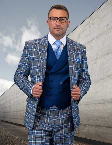 TOWA BLUE PLAID TAILORED FIT 3 PC SUIT