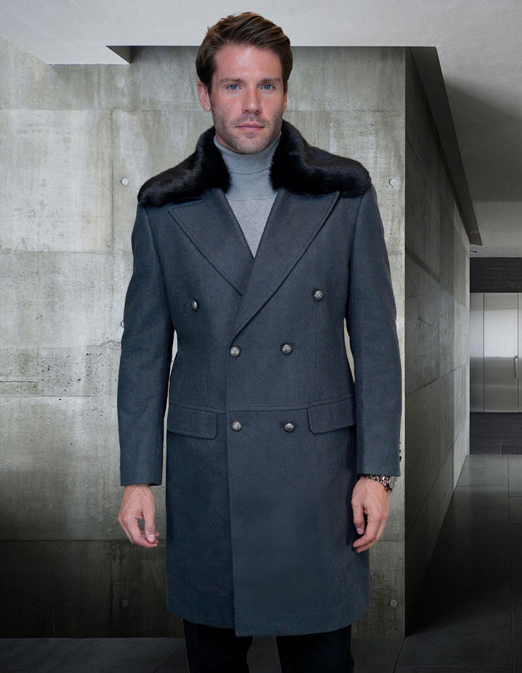 CHARCOAL MODERN FIT WOOL & CASHMERE JACKET W/ REMOVABLE FUR