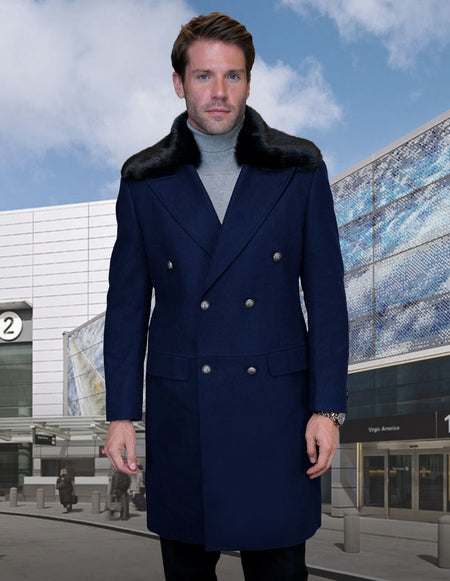 NAVY MODERN FIT WOOL & CASHMERE JACKET W/ REMOVABLE FUR