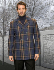 BLUE MODERN FIT PLAID DOUBLE BREASTED PEACOAT