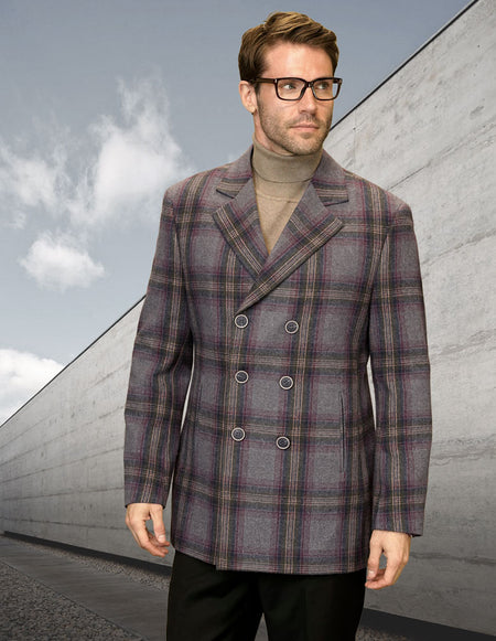 GREY MODERN FIT PLAID DOUBLE BREASTED PEACOAT