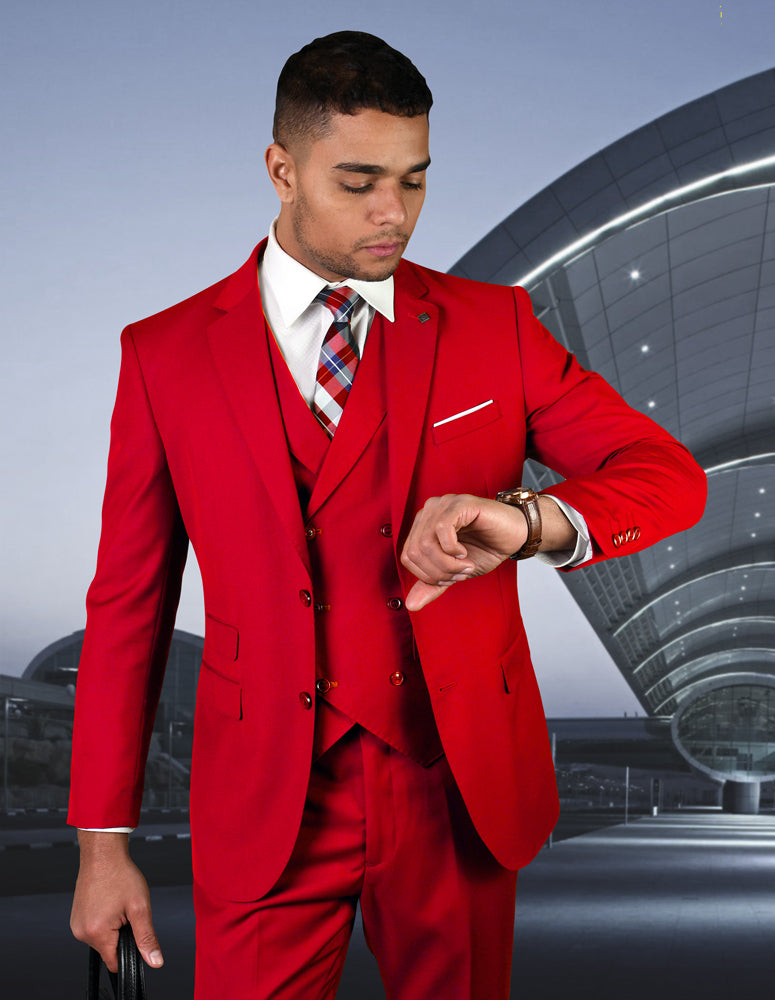 red dress suit Men's 3 Piece with Jacket, Vest and Pants, Formal Wedding Prom Suit button closure Classic Red Double Breasted Peaked